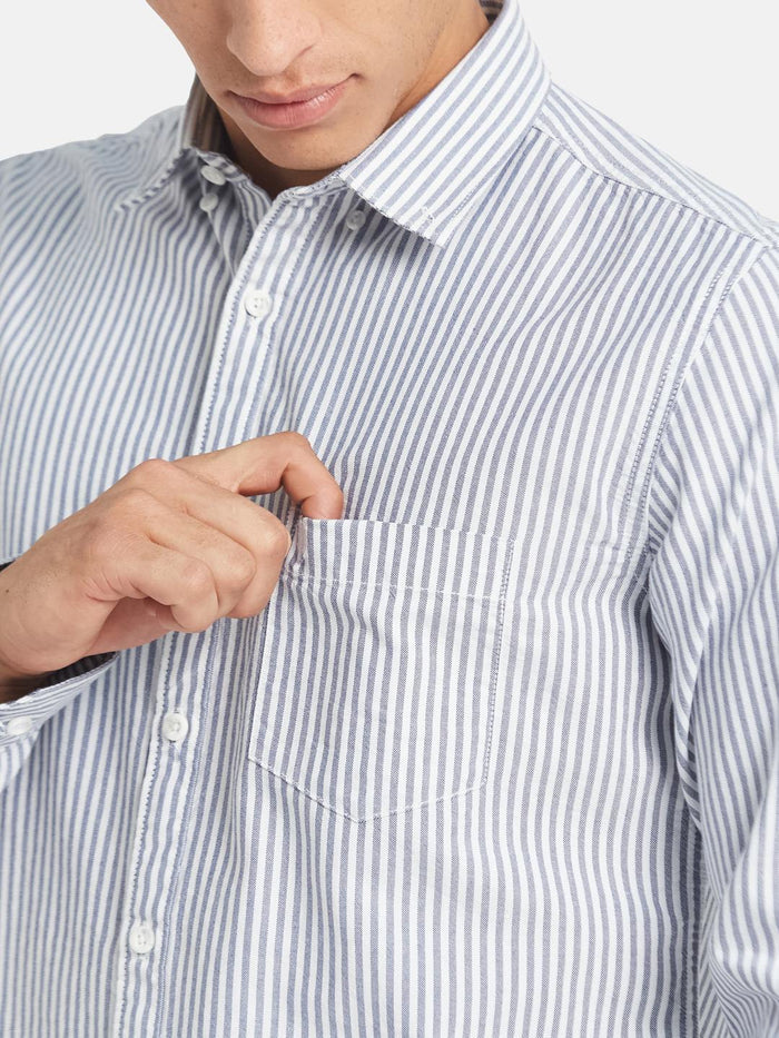 METTLE Men Vertical Striped Button-Down Collar Cotton Casual Shirt