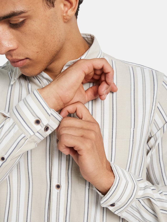 METTLE Men Vertical Striped Spread Collar Cotton Casual Shirt