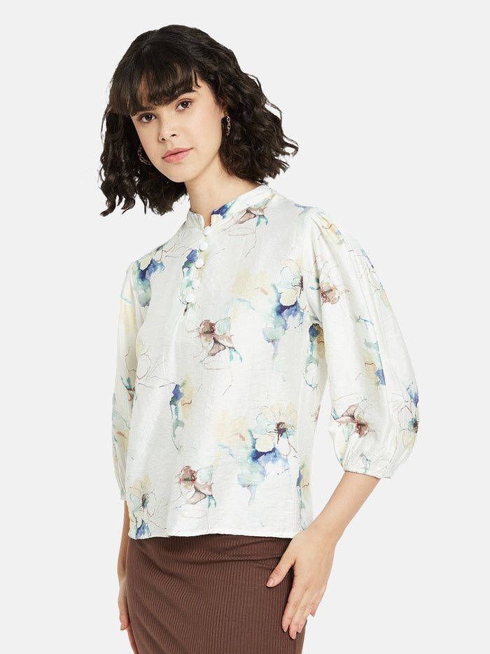 METTLE Off White Floral Print Mandarin Collar Cotton Top