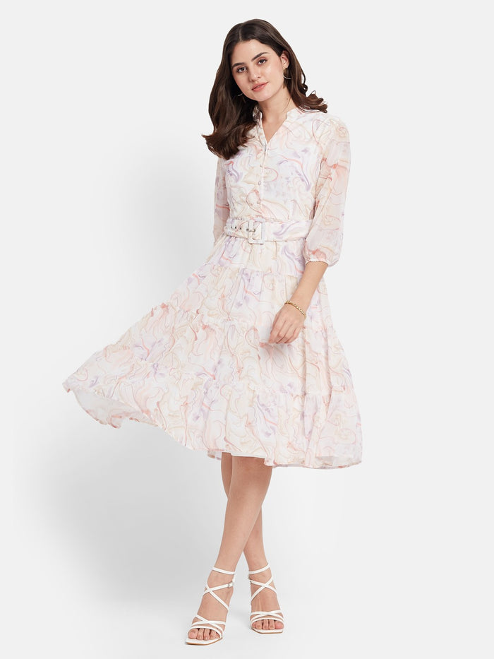 METTLE Printed Mandarin Collar Tiered Fit & Flare Dress
