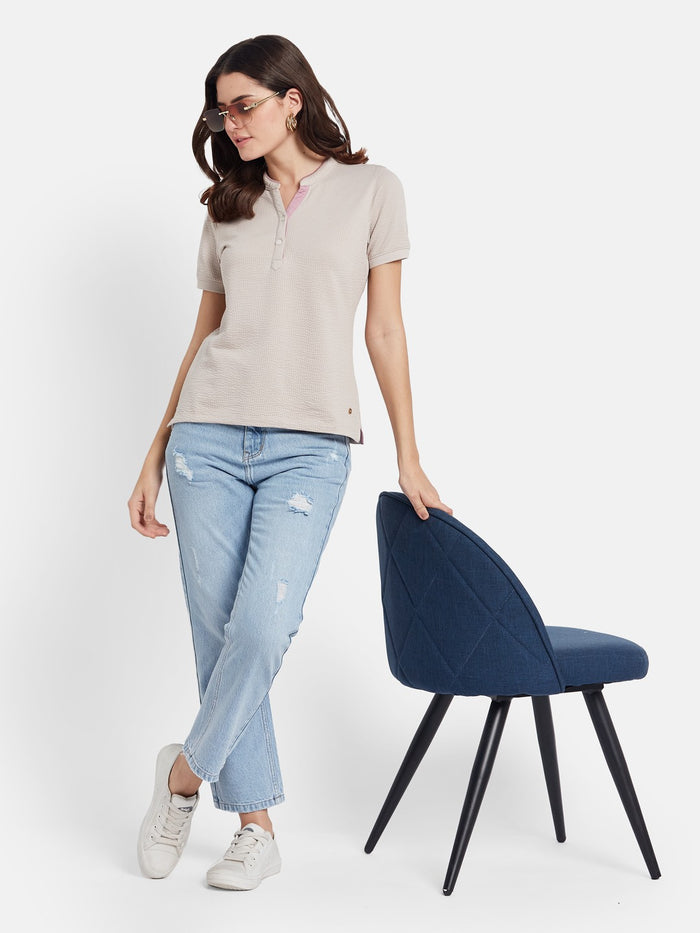 METTLE Self Design Mandarin Collar Cotton T-shirt
