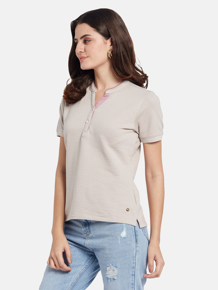 METTLE Self Design Mandarin Collar Cotton T-shirt