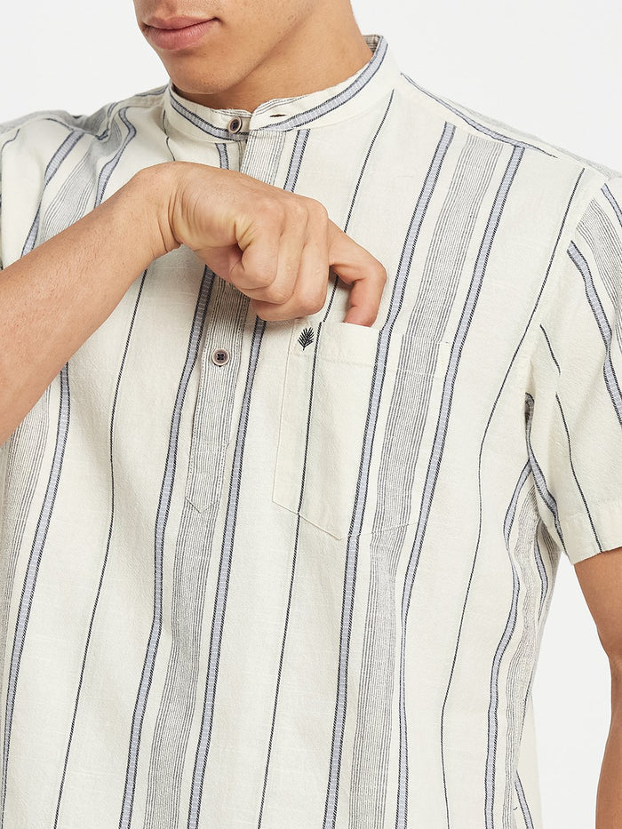 METTLE SS25 Striped Cotton Mandarin Collar Casual Shirt
