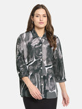 METTLE ss25 Women Charcoal Abstract Printed Cuffed Sleeves Cotton Shirt Style Top