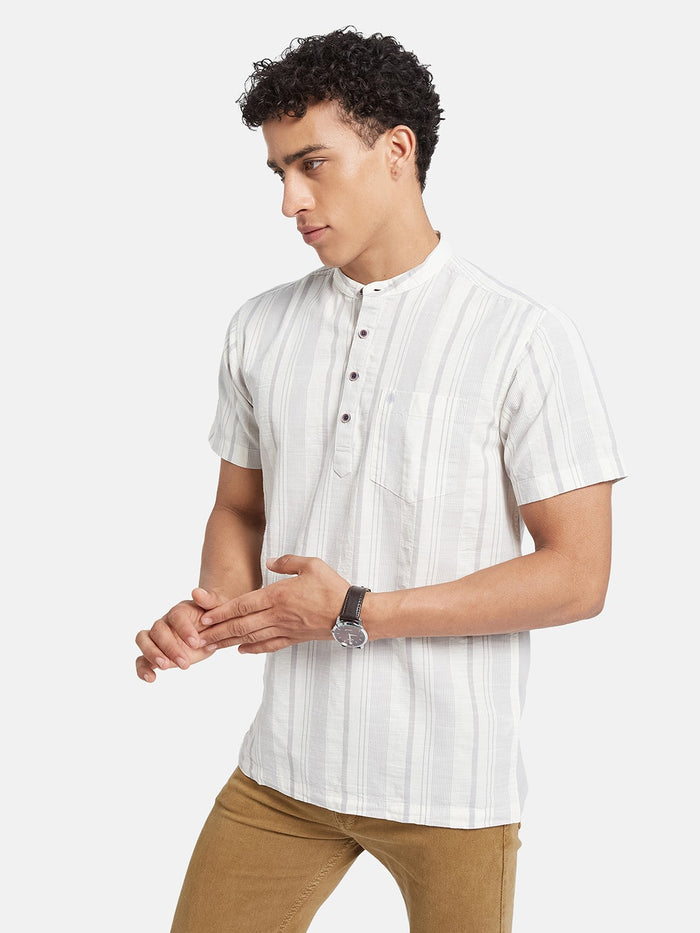 METTLE Striped Mandarin Collar Cotton Casual Shirt