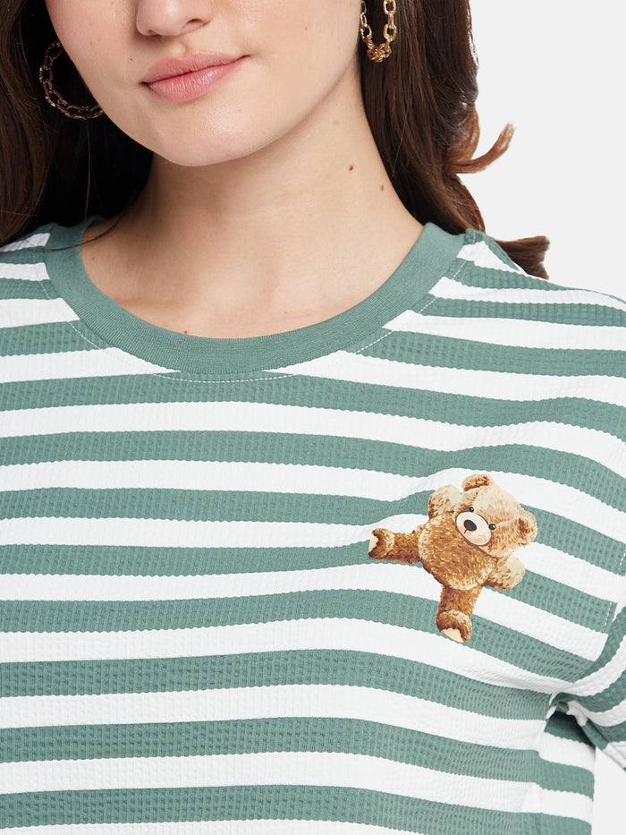 METTLE Striped Printed Round Neck Casual T-shirt