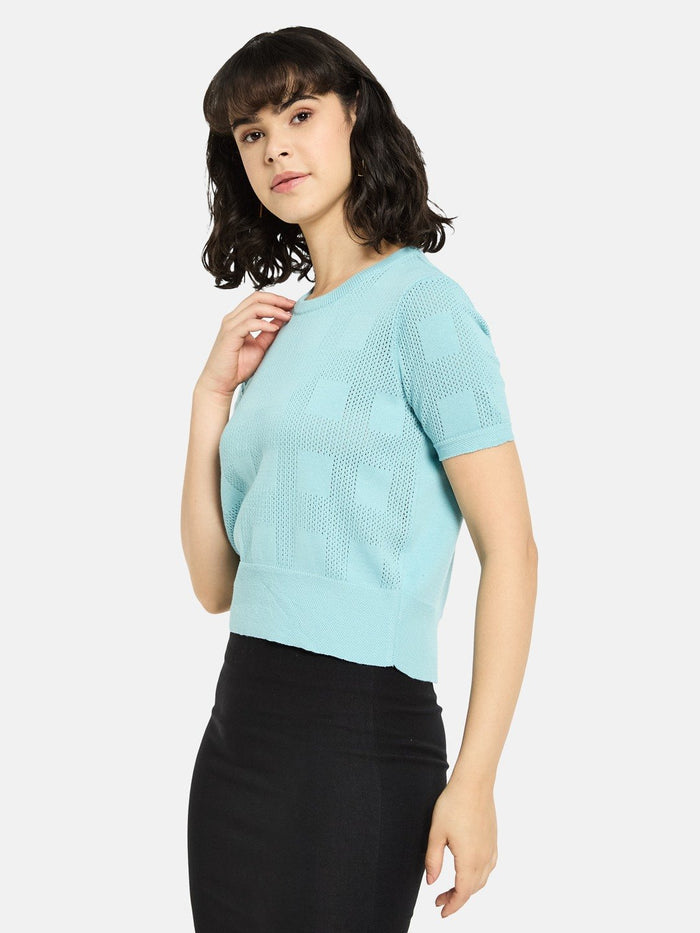 METTLE Women Checked Round Neck Cotton T-shirt