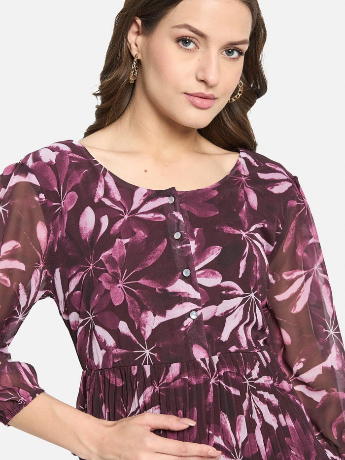 METTLE Women Floral Print Puff Sleeve Accordion Pleats Midi Fit & Flare Dress