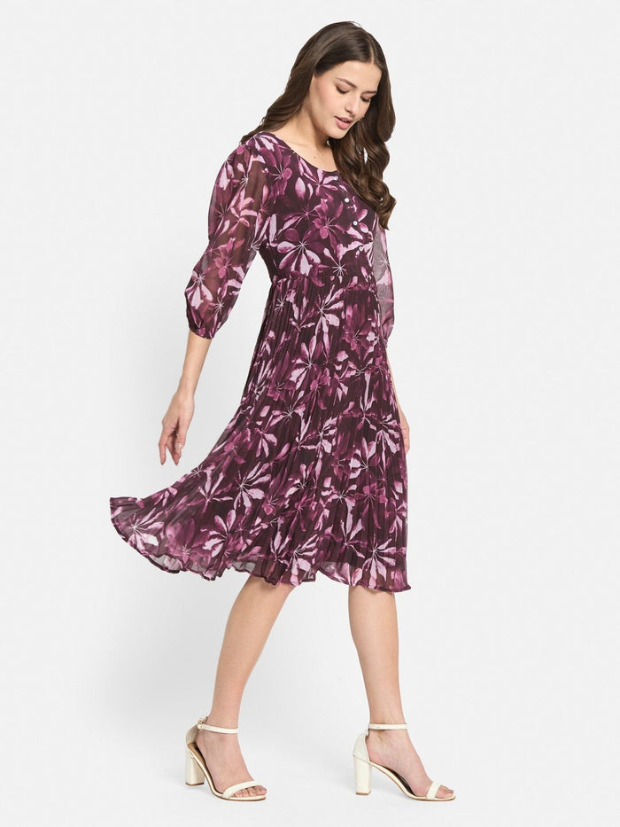 METTLE Women Floral Print Puff Sleeve Accordion Pleats Midi Fit & Flare Dress