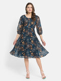 METTLE  Women Floral Print Puff Sleeve Fit & Flare Dress