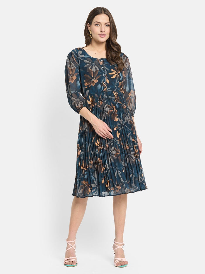 METTLE  Women Floral Print Puff Sleeve Fit & Flare Dress