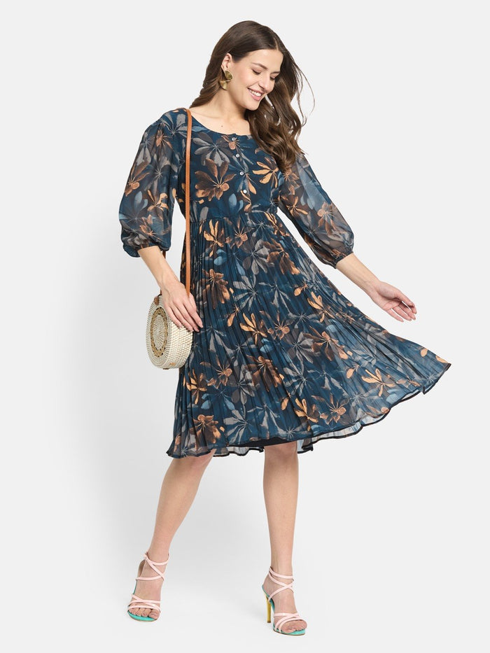 METTLE  Women Floral Print Puff Sleeve Fit & Flare Dress