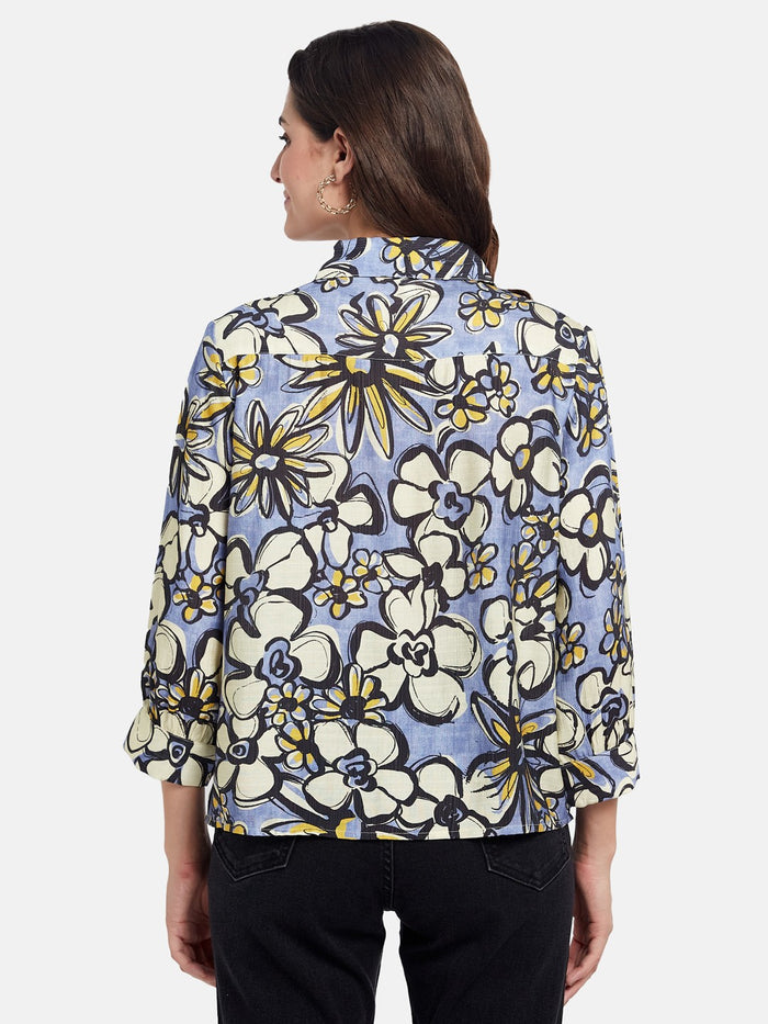 METTLE Women Floral Printed Shirt Collar Cuffed Sleeves Cotton Top