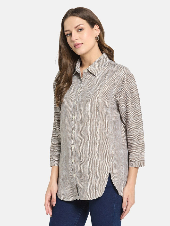 METTLE Women Olive Shirt Collar Striped Cotton Top