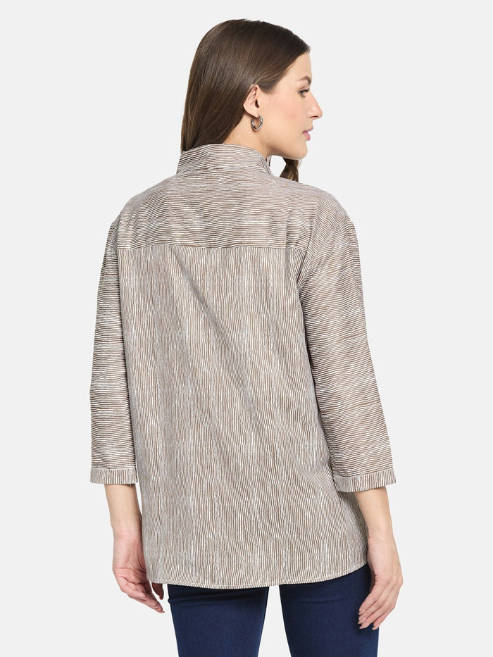 METTLE Women Olive Shirt Collar Striped Cotton Top
