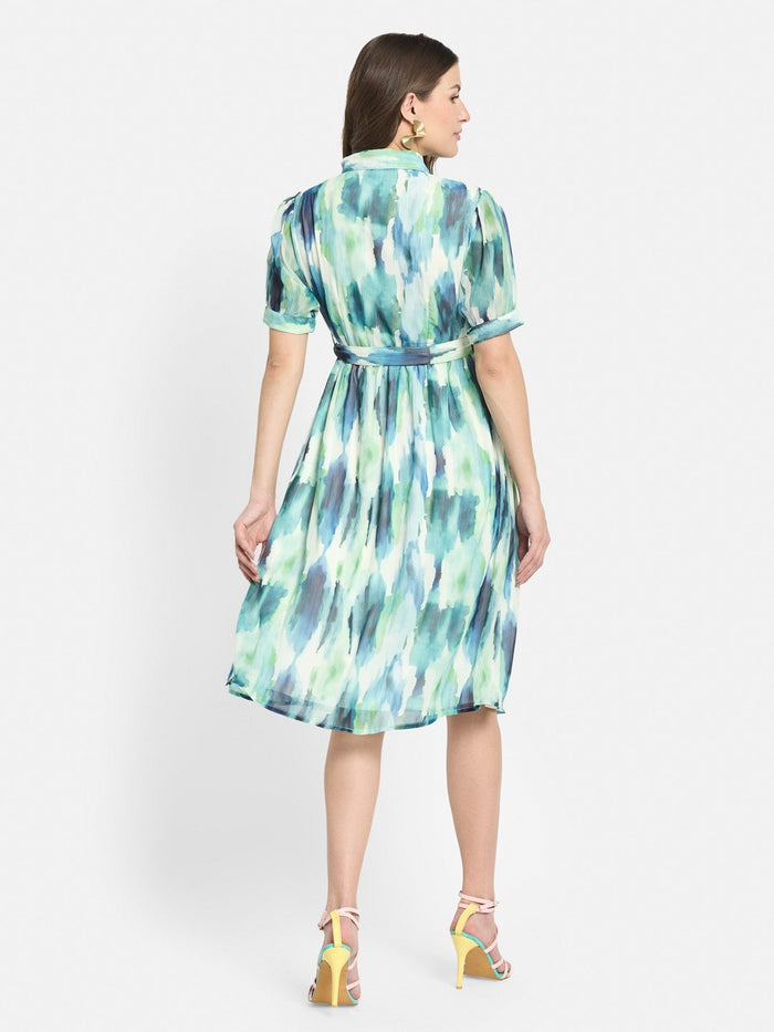 METTLE Women Print Shirt Collar Puff Sleeves Fit & Flare Dress