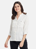METTLE Women Solid Mandarin Collar Cotton Casual Shirt