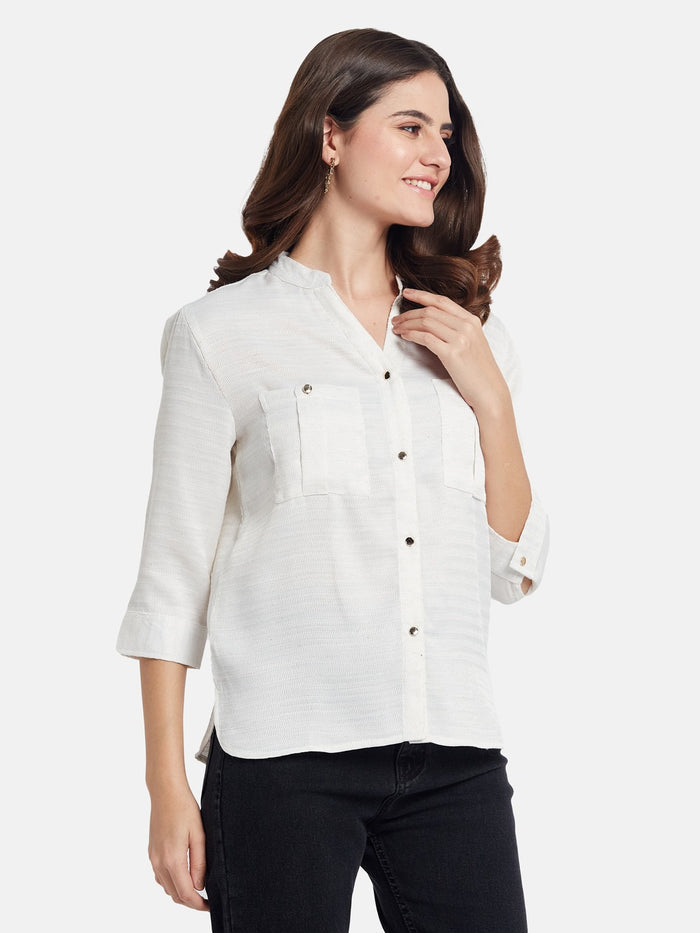 METTLE Women Solid Mandarin Collar Cotton Casual Shirt