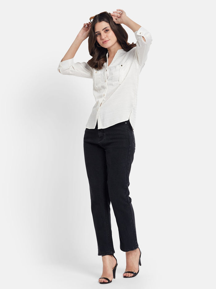 METTLE Women Solid Mandarin Collar Cotton Casual Shirt