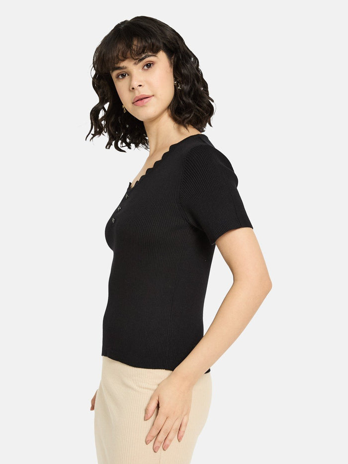 METTLE Women Solid V-Neck Cotton T-shirt