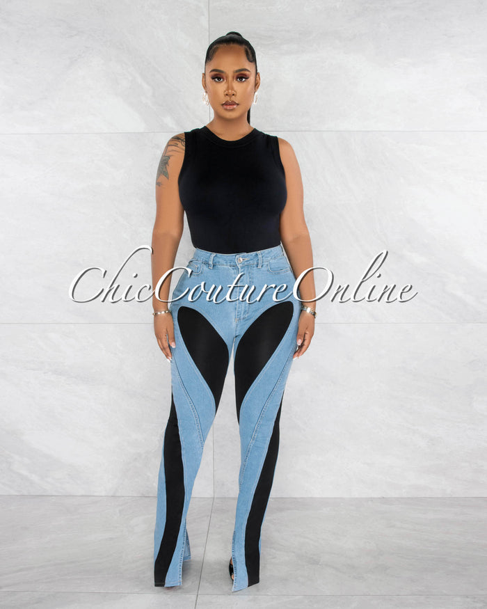 *Myrel Light Denim Black Accent High Waist Jeans