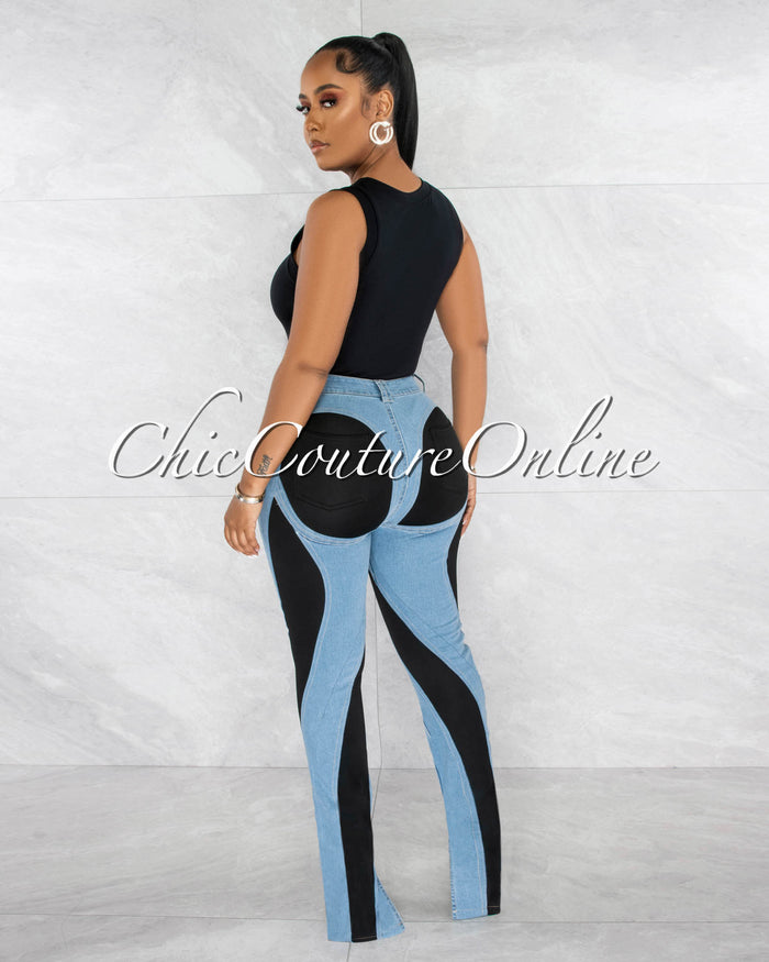 *Myrel Light Denim Black Accent High Waist Jeans
