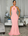 *Nalani Baby Pink Key-Hole Halter Maxi Dress