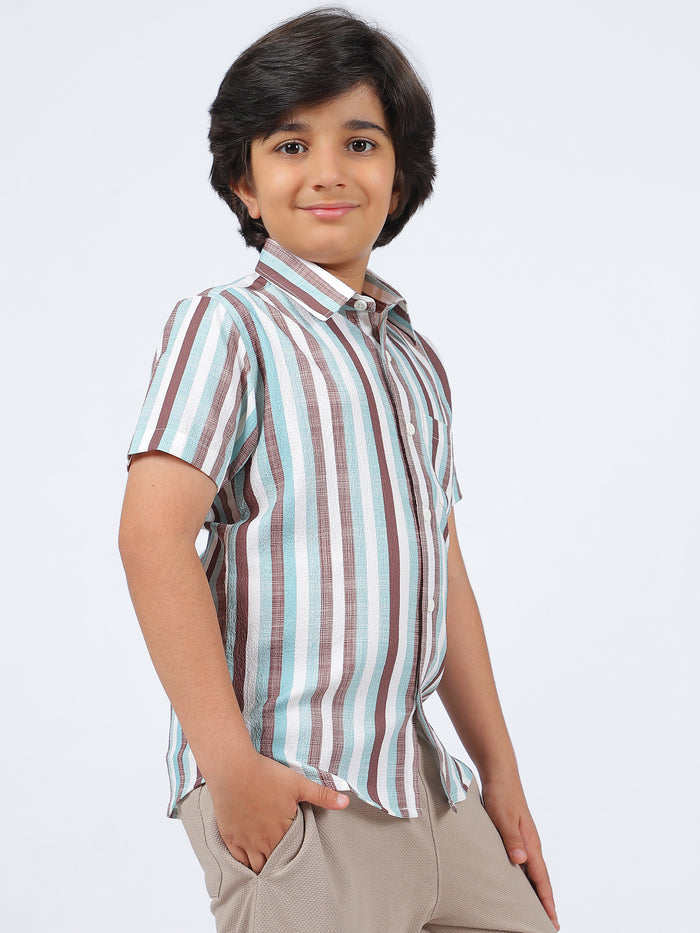 Octave Boys Multi Stripes Striped Spread Collar Short Sleeves Cotton Shirt