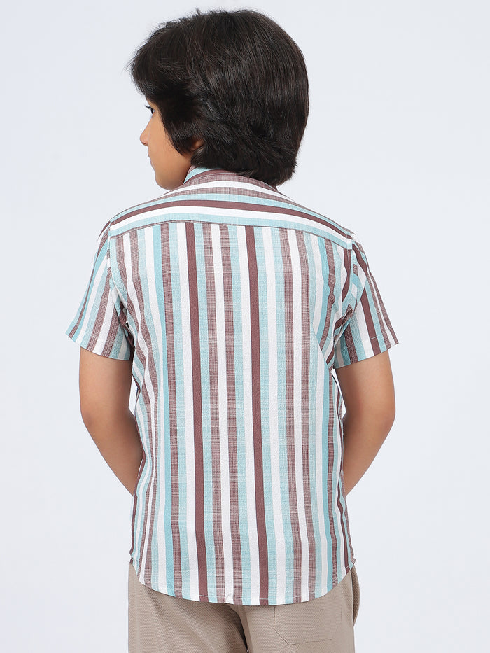 Octave Boys Multi Stripes Striped Spread Collar Short Sleeves Cotton Shirt