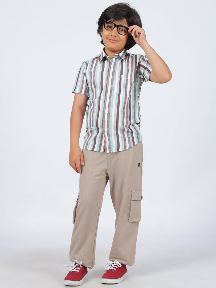 Octave Boys Multi Stripes Striped Spread Collar Short Sleeves Cotton Shirt