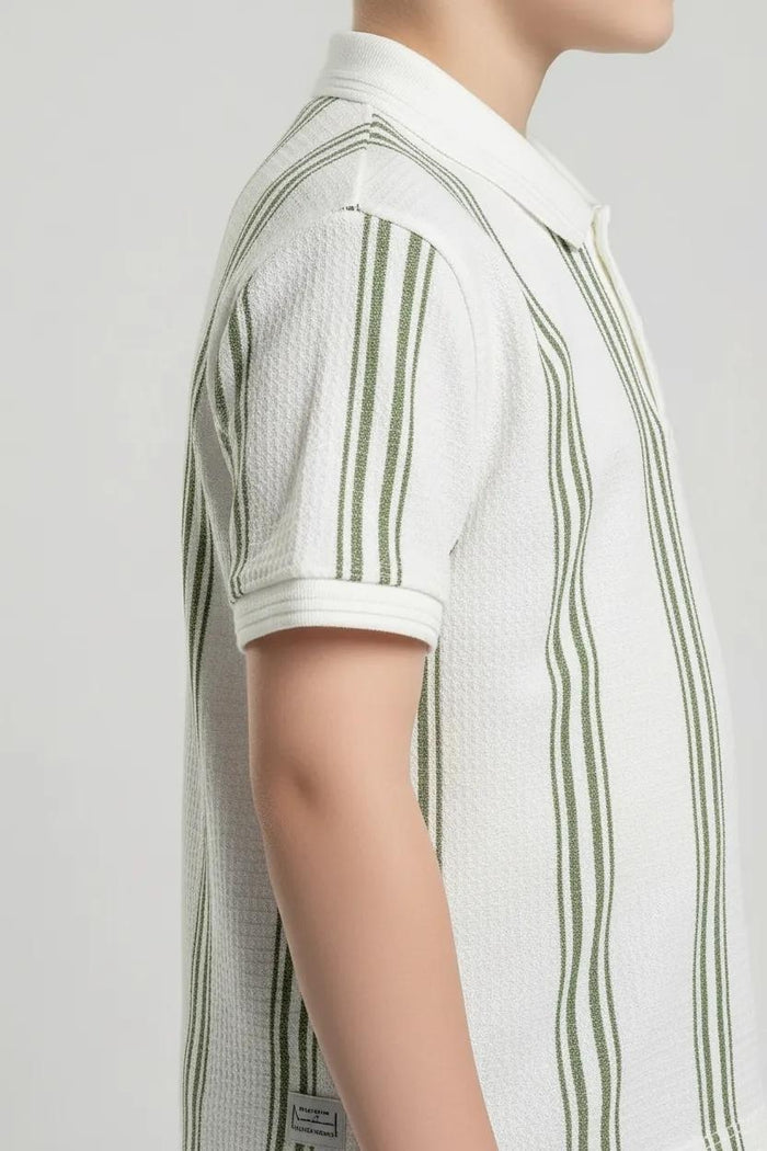 Octave Boys Oil Green Striped Polo Collar Monochrome T-shirt