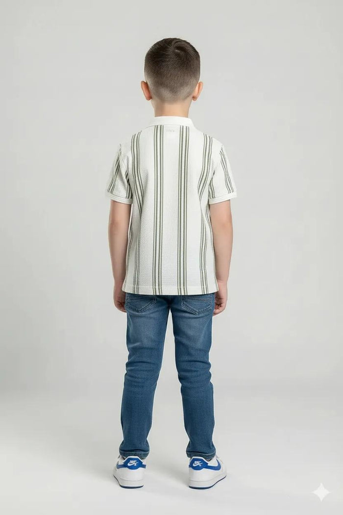 Octave Boys Oil Green Striped Polo Collar Monochrome T-shirt