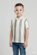 Octave Boys Oil Green Striped Polo Collar T-shirt