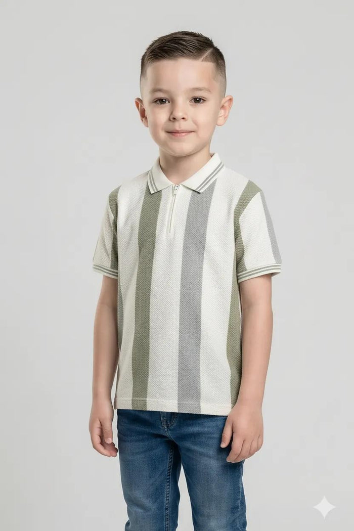 Octave Boys Oil Green Striped Polo Collar T-shirt