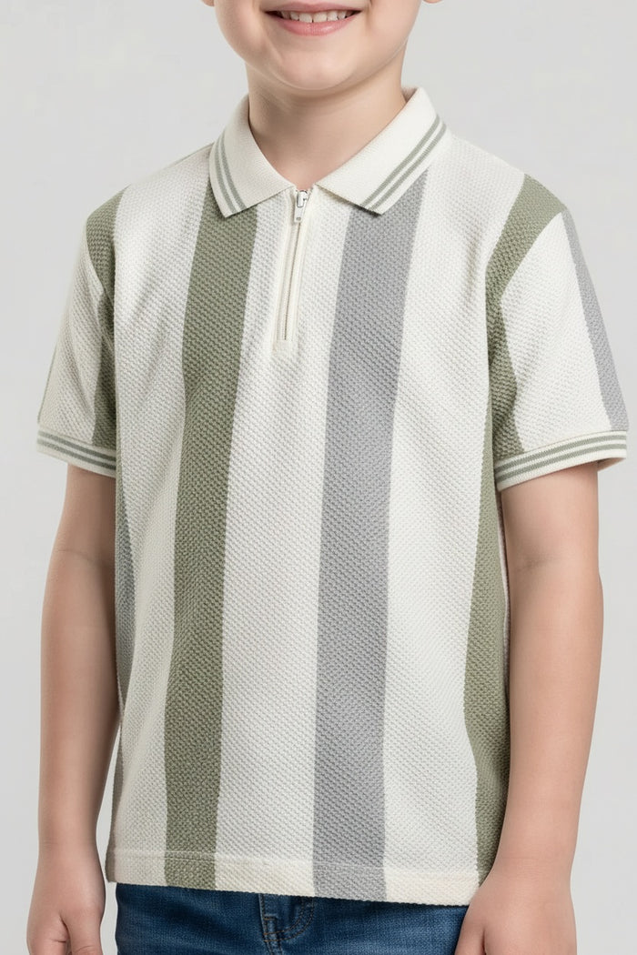 Octave Boys Oil Green Striped Polo Collar T-shirt