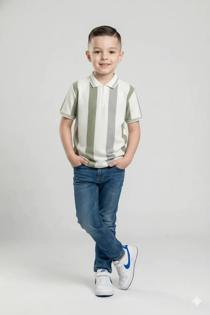 Octave Boys Oil Green Striped Polo Collar T-shirt
