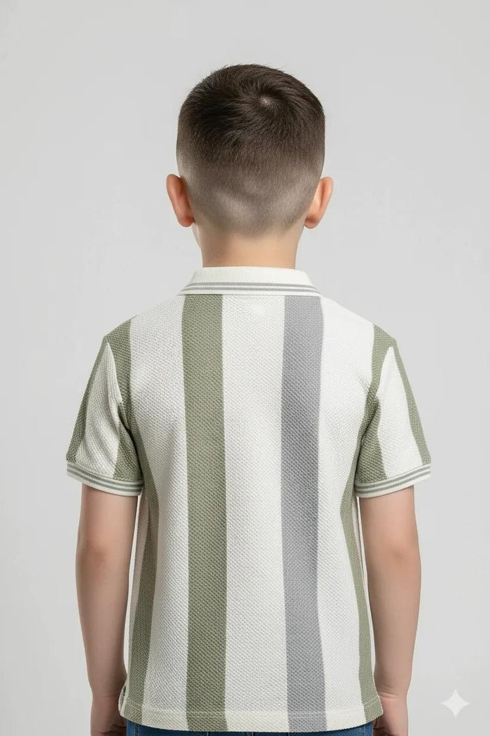 Octave Boys Oil Green Striped Polo Collar T-shirt