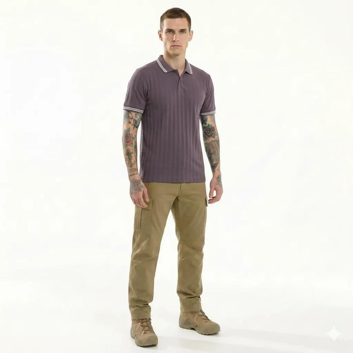 Octave Men Black Currant Striped Polo Collar T-shirt