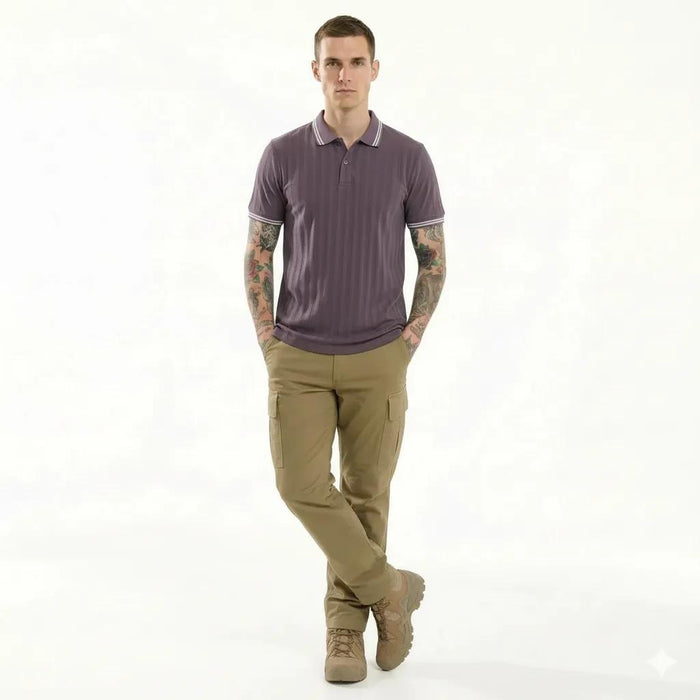 Octave Men Black Currant Striped Polo Collar T-shirt