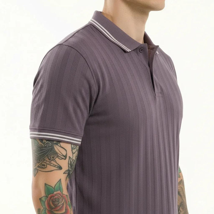 Octave Men Black Currant Striped Polo Collar T-shirt