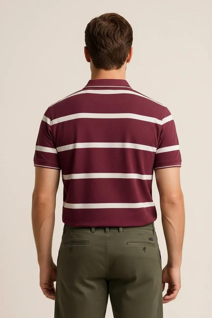 Octave Men Burnt Brick Striped Polo Collar T-shirt