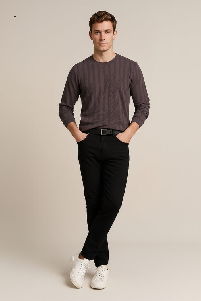 Octave Men Coffee Striped Round Neck Sweatshirt