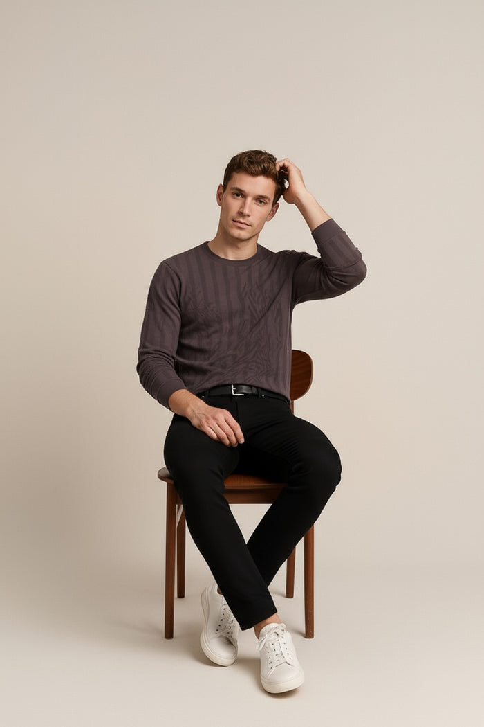 Octave Men Coffee Striped Round Neck Sweatshirt