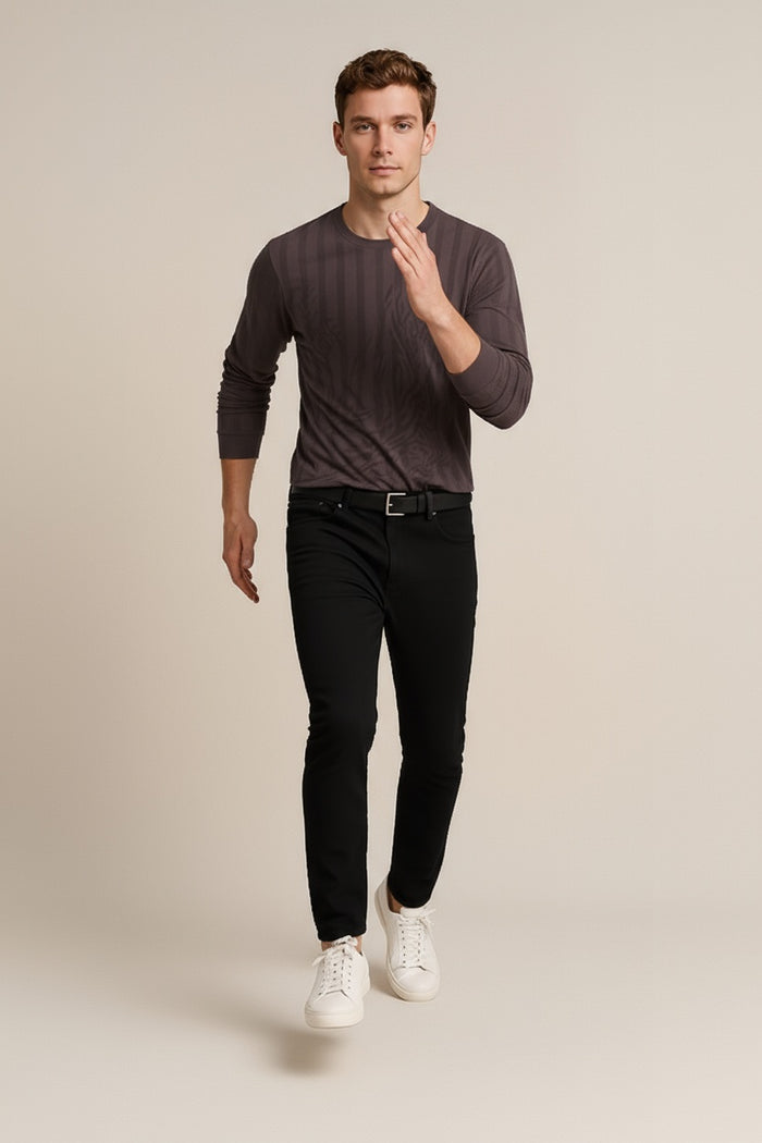 Octave Men Coffee Striped Round Neck Sweatshirt