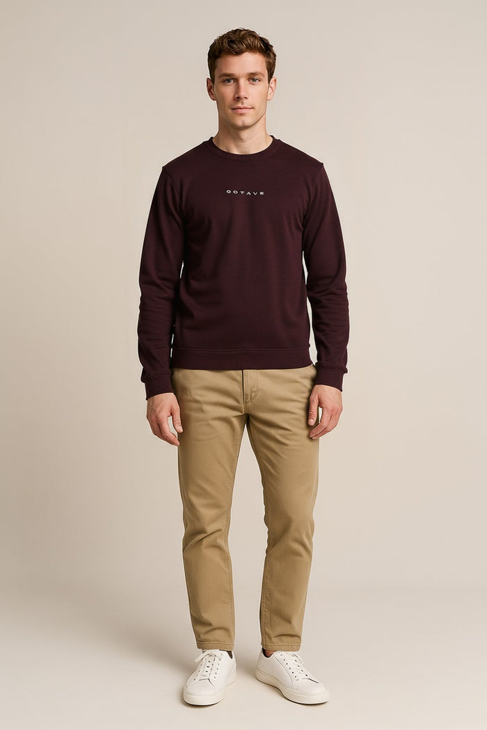 Octave Men Dark Wine Solid Round Neck Sweatshirt