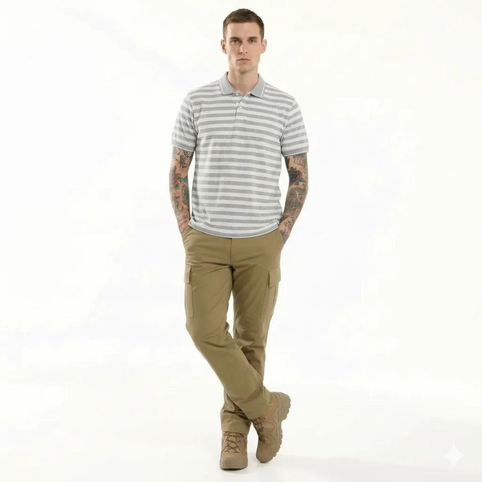 Octave Men Grey Melange Striped Polo Collar T-shirt