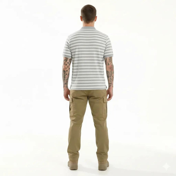 Octave Men Grey Melange Striped Polo Collar T-shirt