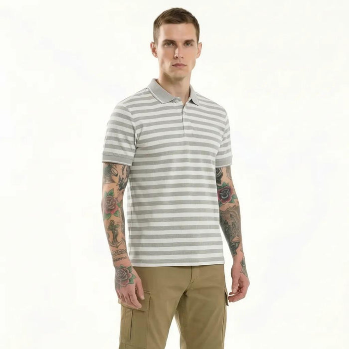 Octave Men Linen Melange Striped Polo Collar T-shirt