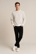 Octave Men Off White Striped Round Neck Sweatshirt