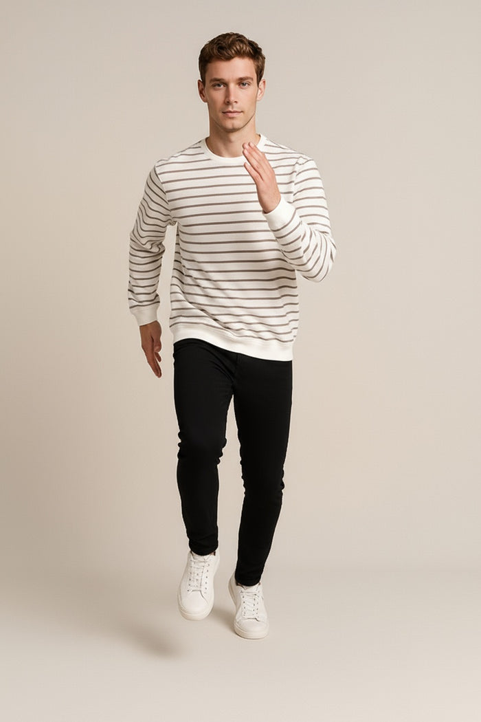 Octave Men Off White Striped Round Neck Sweatshirt